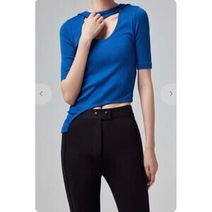 Helmut Lang Ribbed Blue Assymetrical V-Neck Top